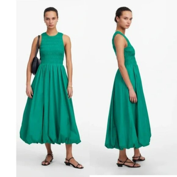 NWT Green Madewell The Melody Bubble Hem Smocked Midi Poplin Dress Sz XS - Picture 1 of 15